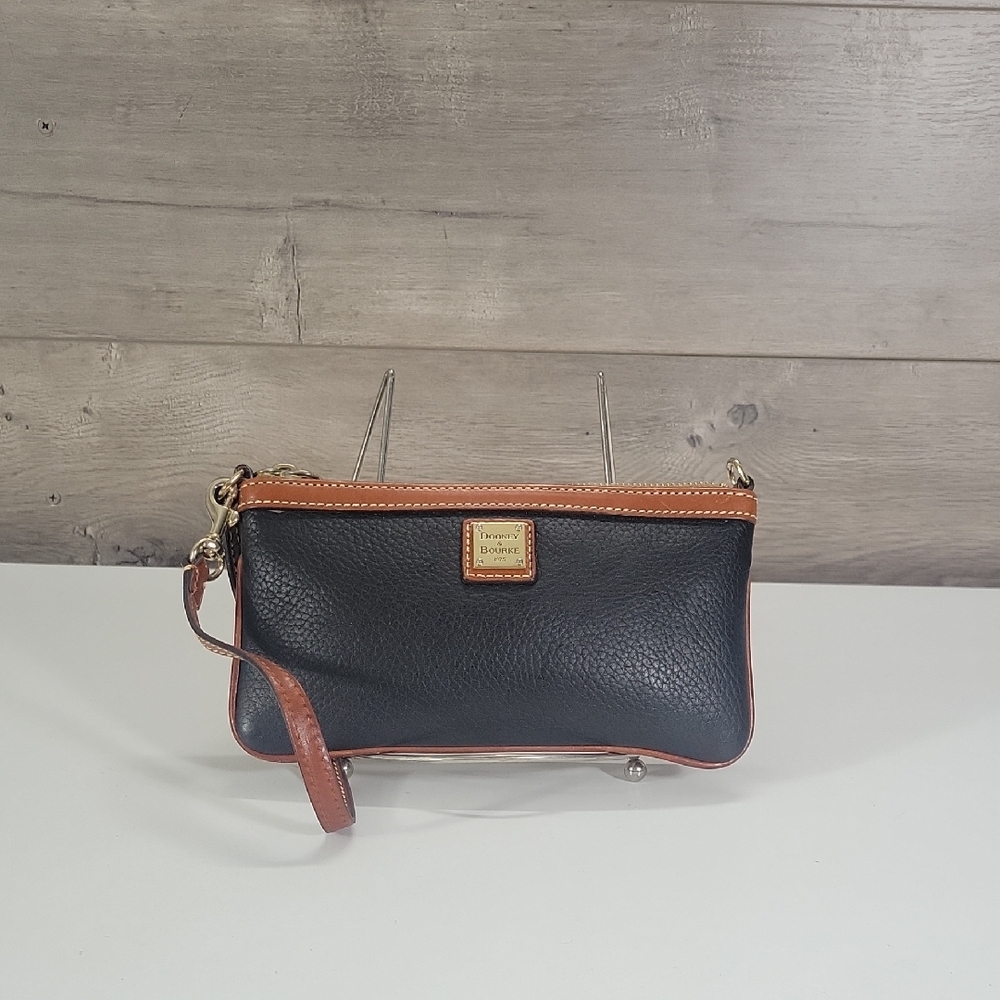 Dooney & Bourke Black Pebble Leather Wristlet with Brown Trim